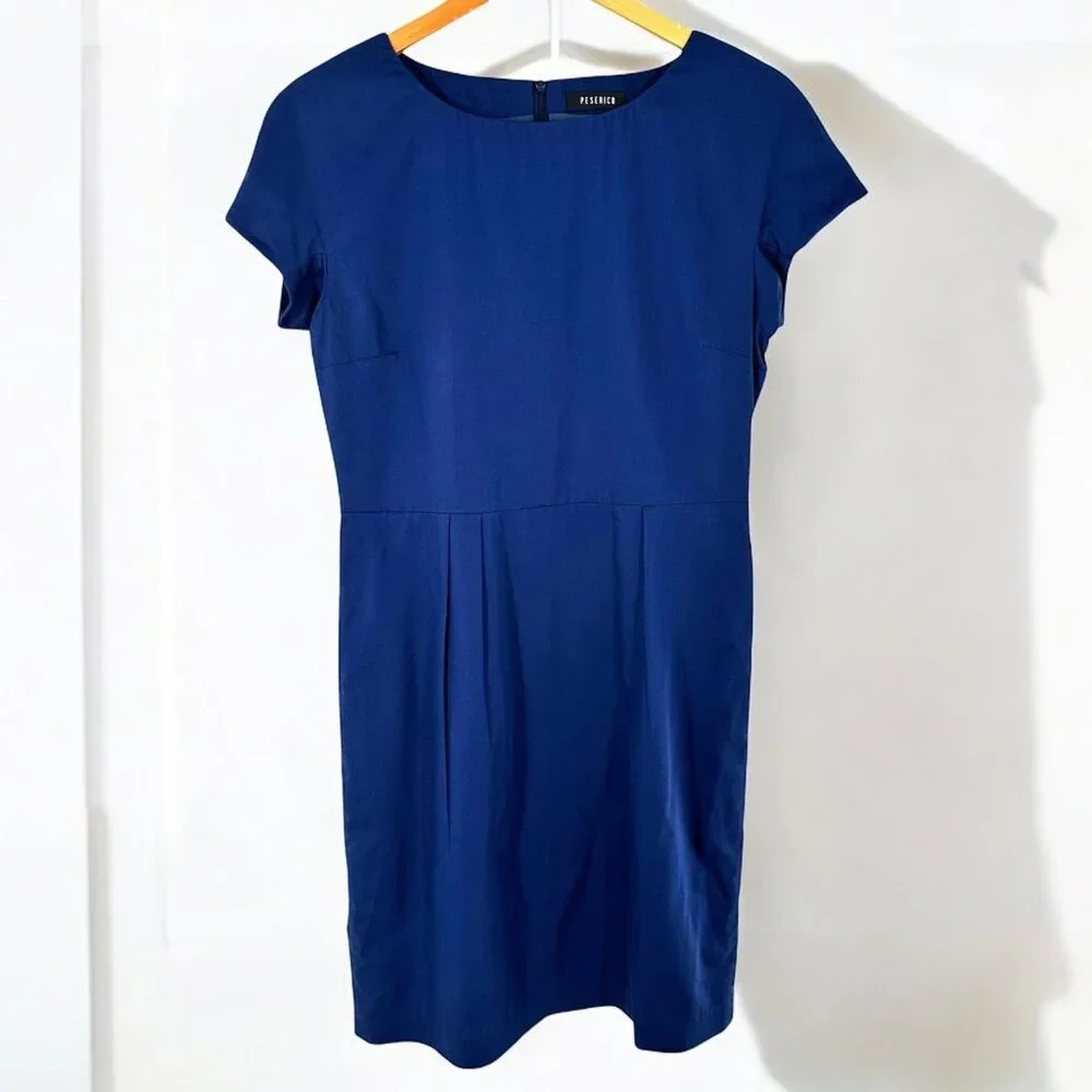 Peserico Navy Blue Cotton Sateen Classic Sheath Dress Size 46 Italy - Picture 2 of 6